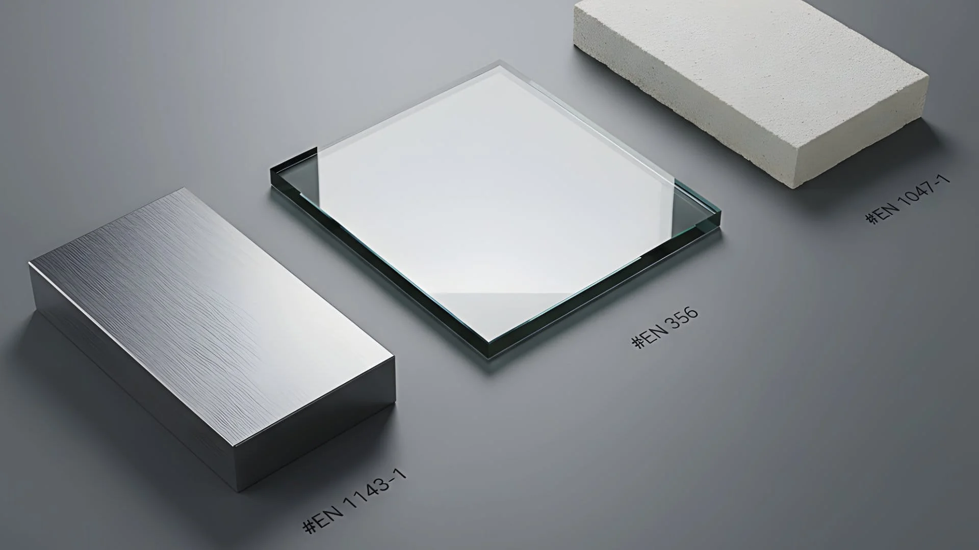 Display di un materiale per ogni norma: Norma EN-1143-1: Acciaio Norma EN-356: Vetro Stratificato Norma EN-1047-1: Materiale Isolante Ignifugo