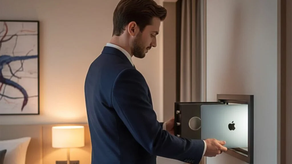 Sicurezza in Hotel, inserimento di un laptop in una cassaforte da muro