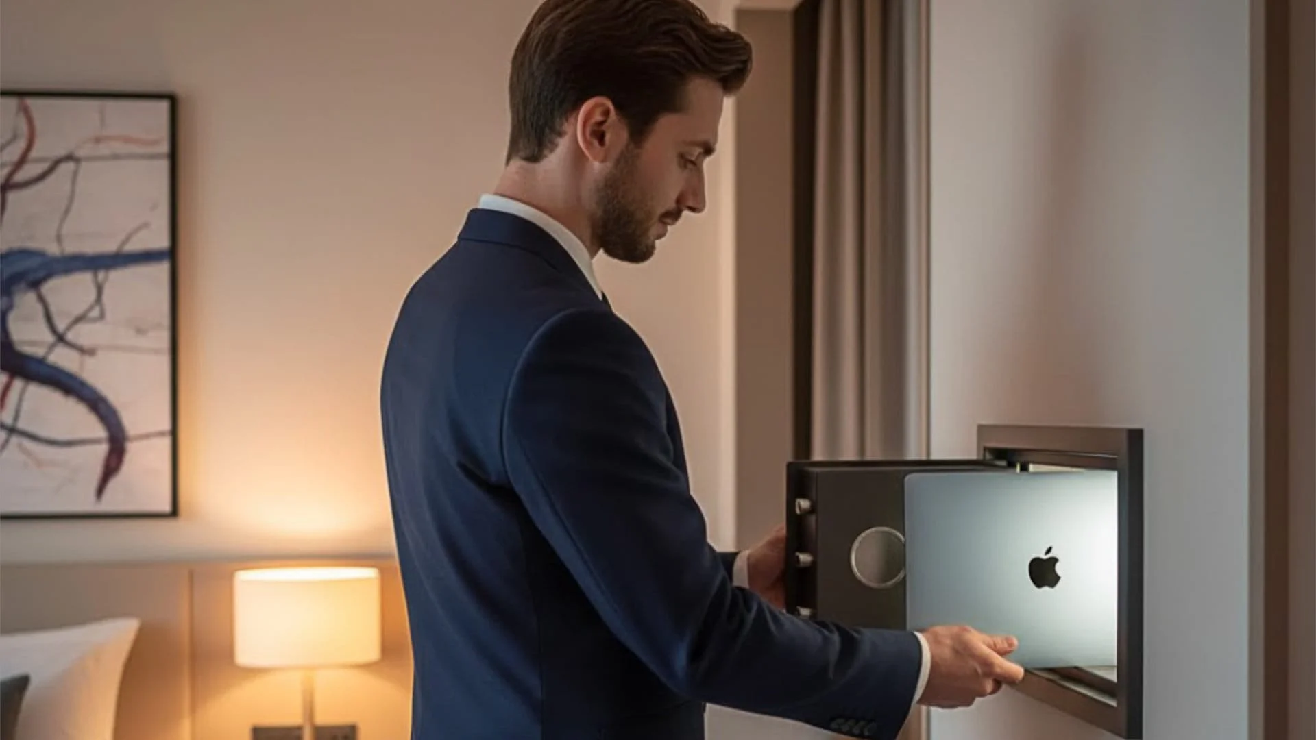 Sicurezza in Hotel, inserimento di un laptop in una cassaforte da muro