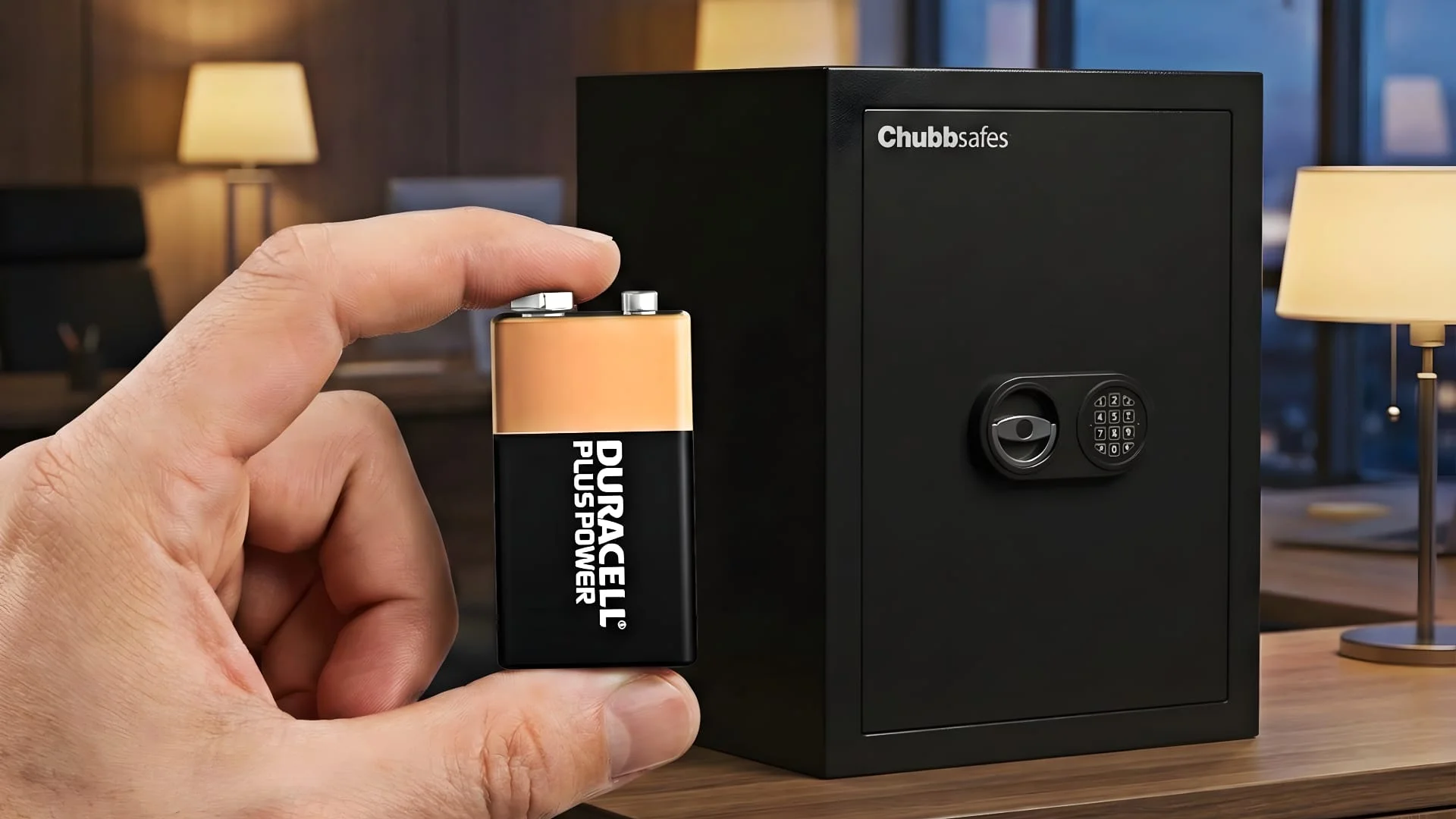CLN Safety: batteria a 9 volt davanti ad una cassaforte componentistica elettronica
