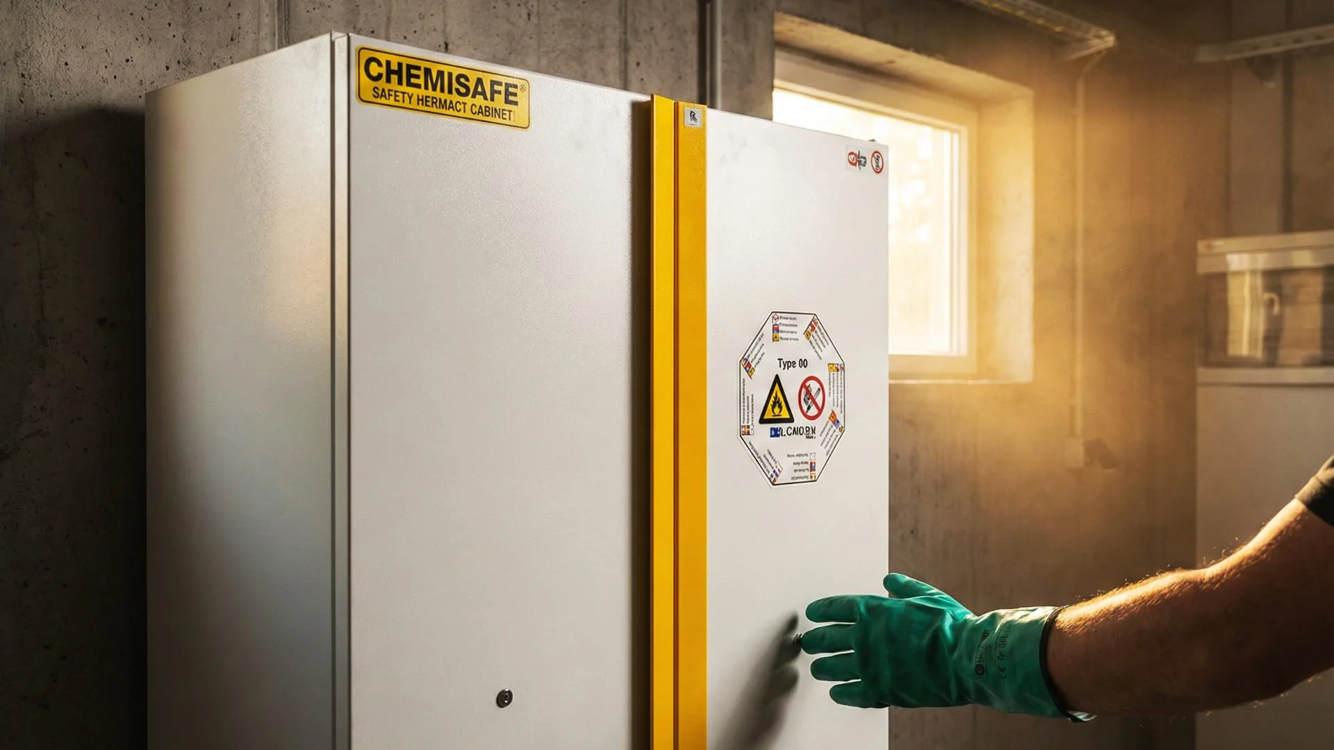 Armadio fitosanitari di sicurezza giallo chiuso a chiave, soluzione modulare per lo stoccaggio a norma di prodotti chimici e infiammabili in azienda agricola. CLN Safety