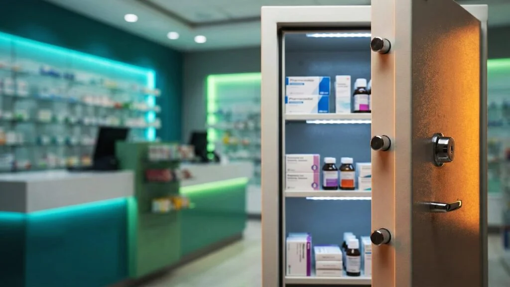 Armadio blindato per stupefacenti aperto in farmacia con medicinali ordinati, conforme alla normativa e ai requisiti di sicurezza. CLN Safety