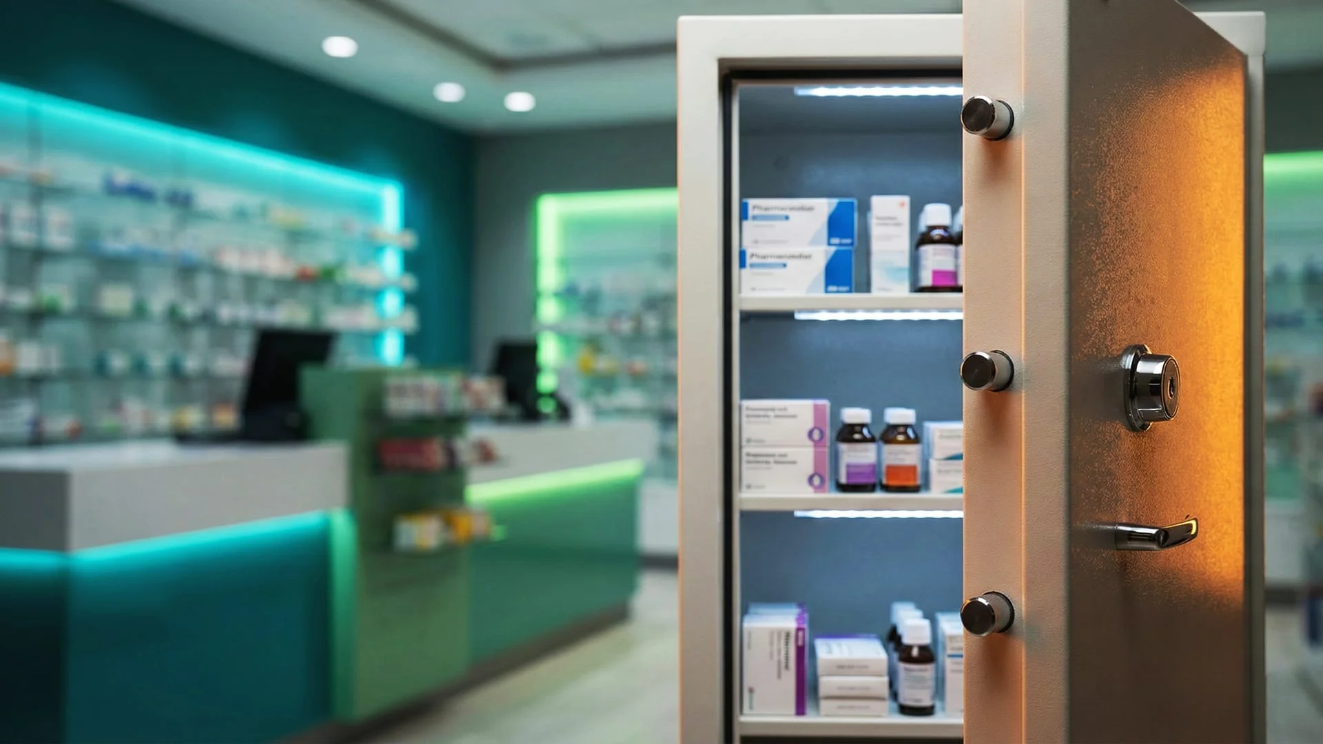 Armadio blindato per stupefacenti aperto in farmacia con medicinali ordinati, conforme alla normativa e ai requisiti di sicurezza. CLN Safety