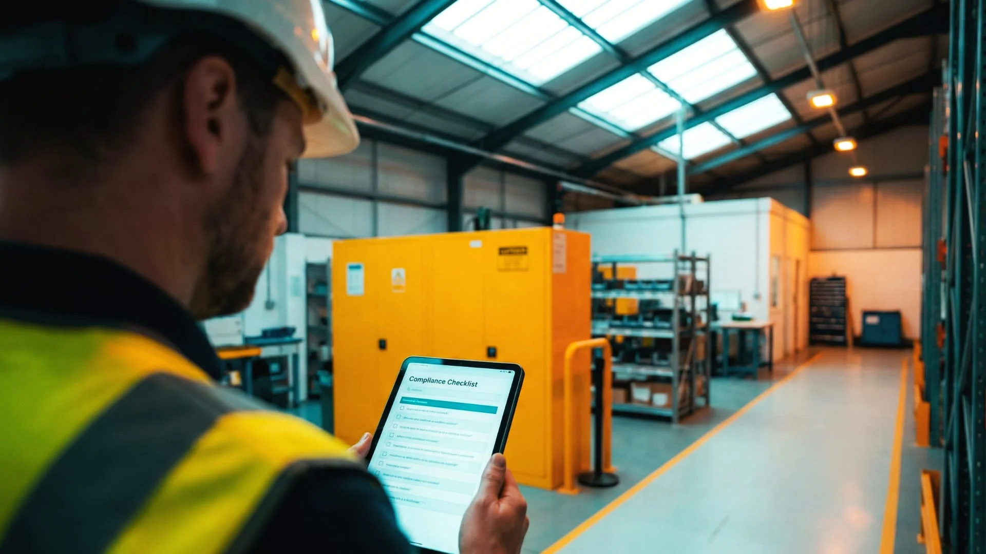 Responsabile HSE effettua un sopralluogo tecnico in magazzino utilizzando una checklist digitale su tablet per verificare la conformità alla normativa stoccaggio batterie. CLN Safety