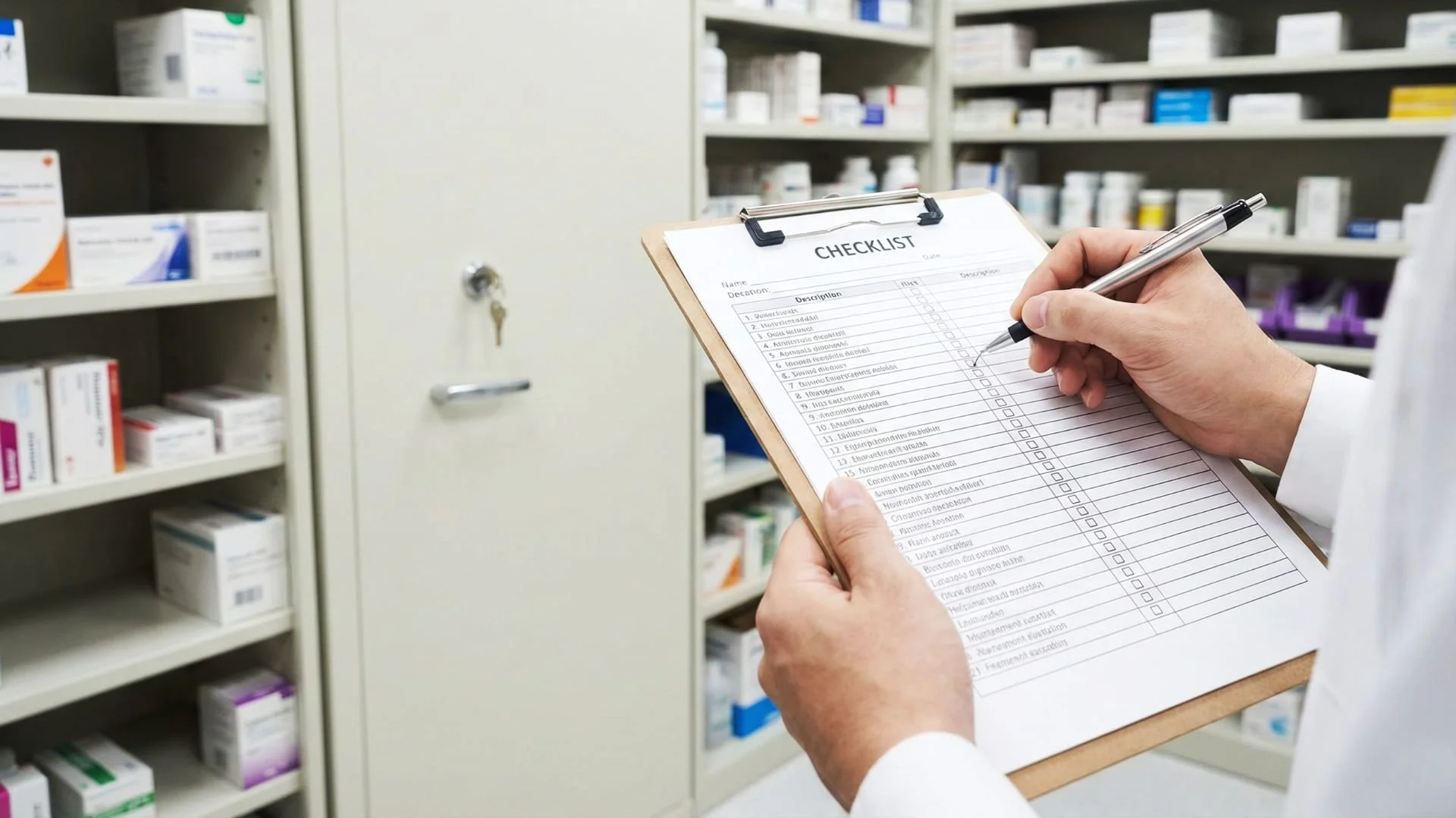 Operatore sanitario consulta una checklist per verificare la conformità della custodia farmaci in vista di ispezioni NAS e ASL. CLN Safety