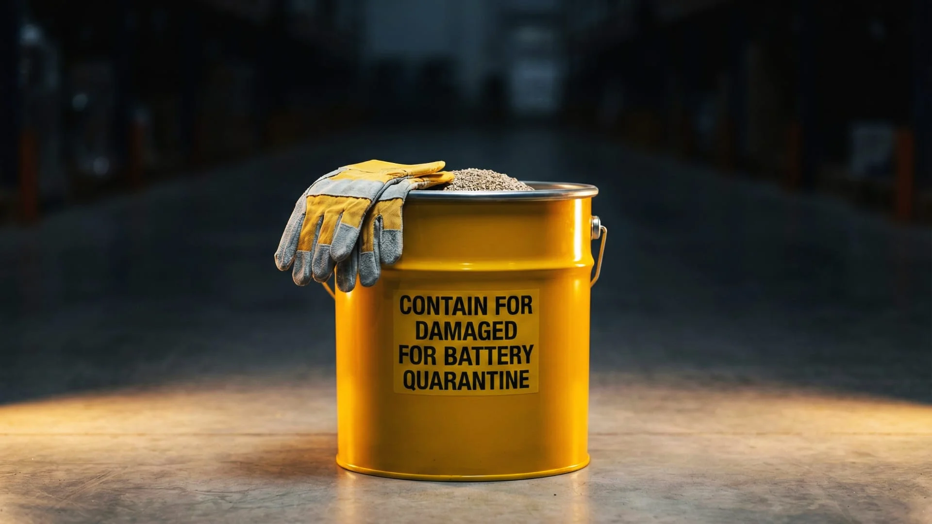 Contenitore di sicurezza metallico con guanti protettivi e materiale inerte, predisposto per la procedura di quarantena di batterie al litio danneggiate o gonfie. CLN Safety