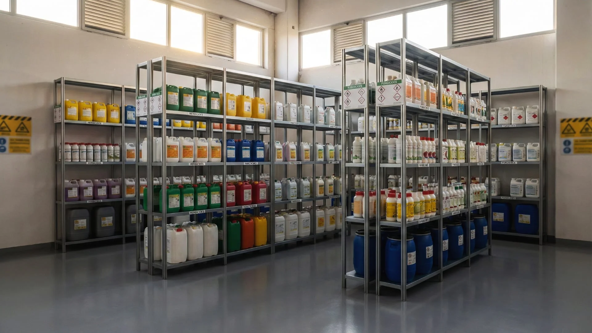 Interno di un deposito prodotti fitosanitari a norma con scaffalature metalliche ordinate, pavimenti impermeabili e sistemi di aerazione corretti. CLN Safety
