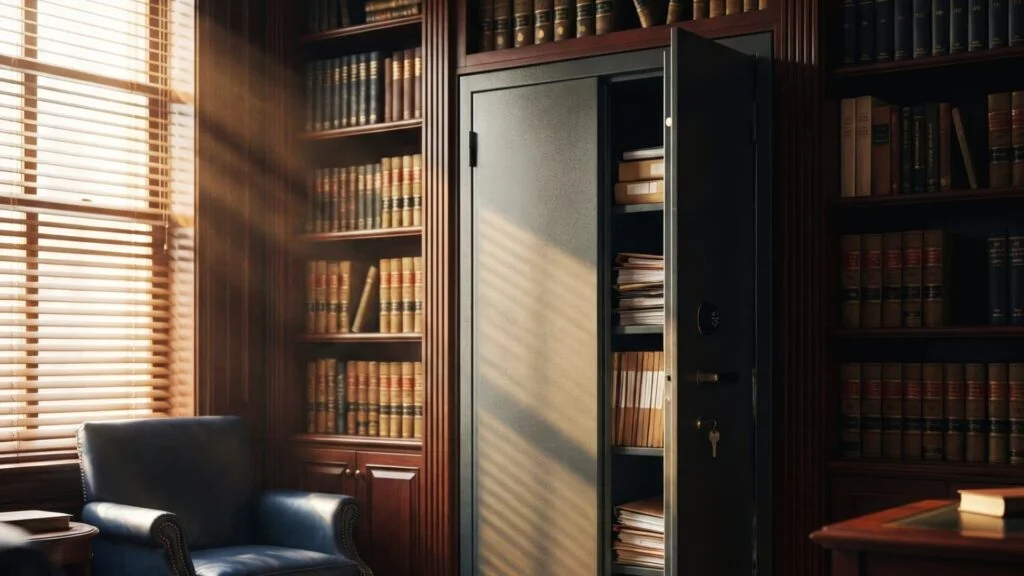 Moderno armadio blindato integrato nell'arredo di uno studio legale classico, rappresentazione della sicurezza fisica e dell'accountability GDPR per la protezione dei fascicoli. CLN Safety
