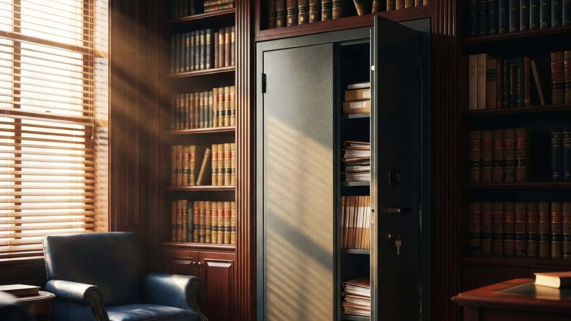 Moderno armadio blindato integrato nell'arredo di uno studio legale classico, rappresentazione della sicurezza fisica e dell'accountability GDPR per la protezione dei fascicoli. CLN Safety