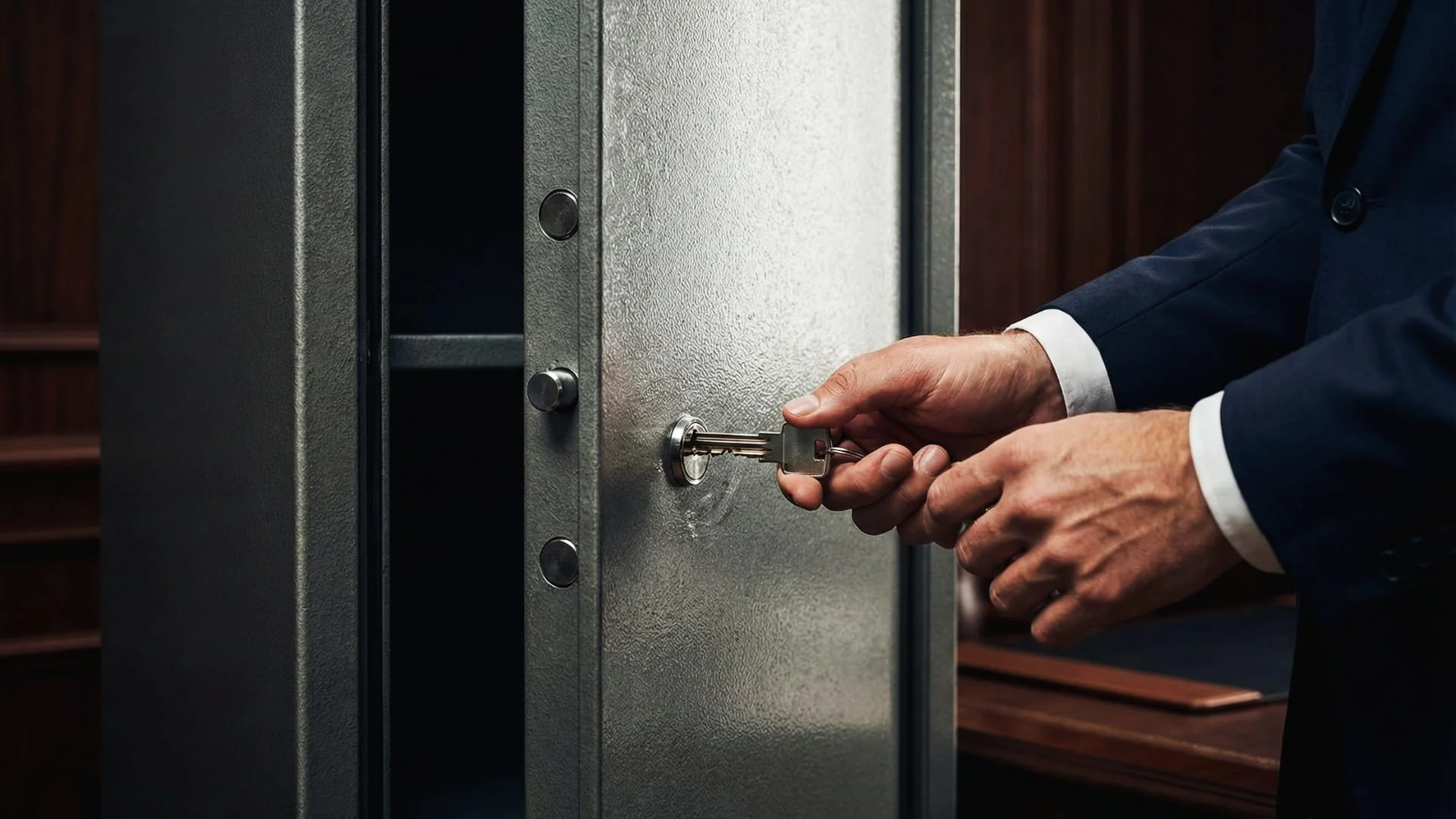Mano di un professionista che chiude a chiave un armadio blindato, dimostrazione di corretta gestione degli accessi e segregazione dei dati. CLN Safety