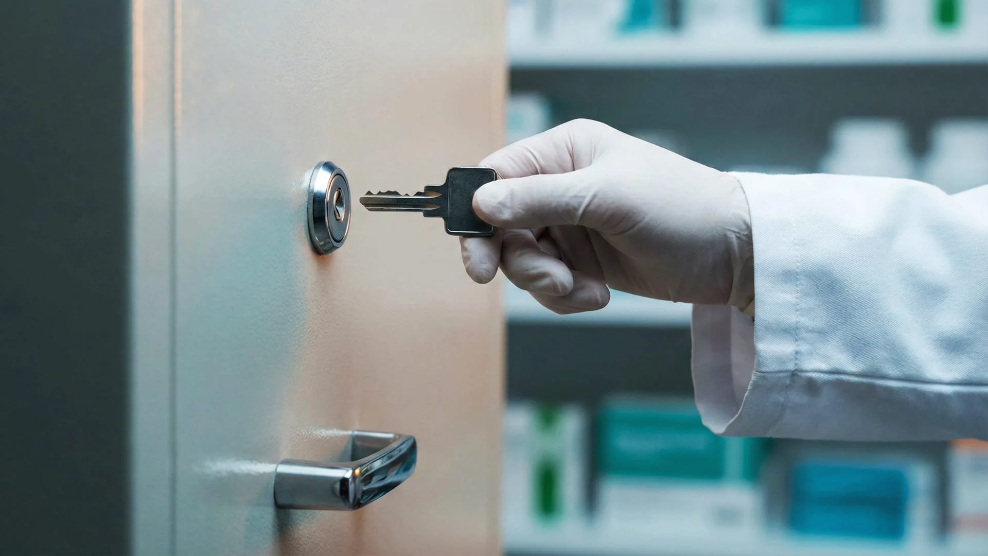 Farmacista inserisce la chiave nella serratura di sicurezza dell'armadio stupefacenti, evidenziando la corretta procedura di custodia. CLN Safety
