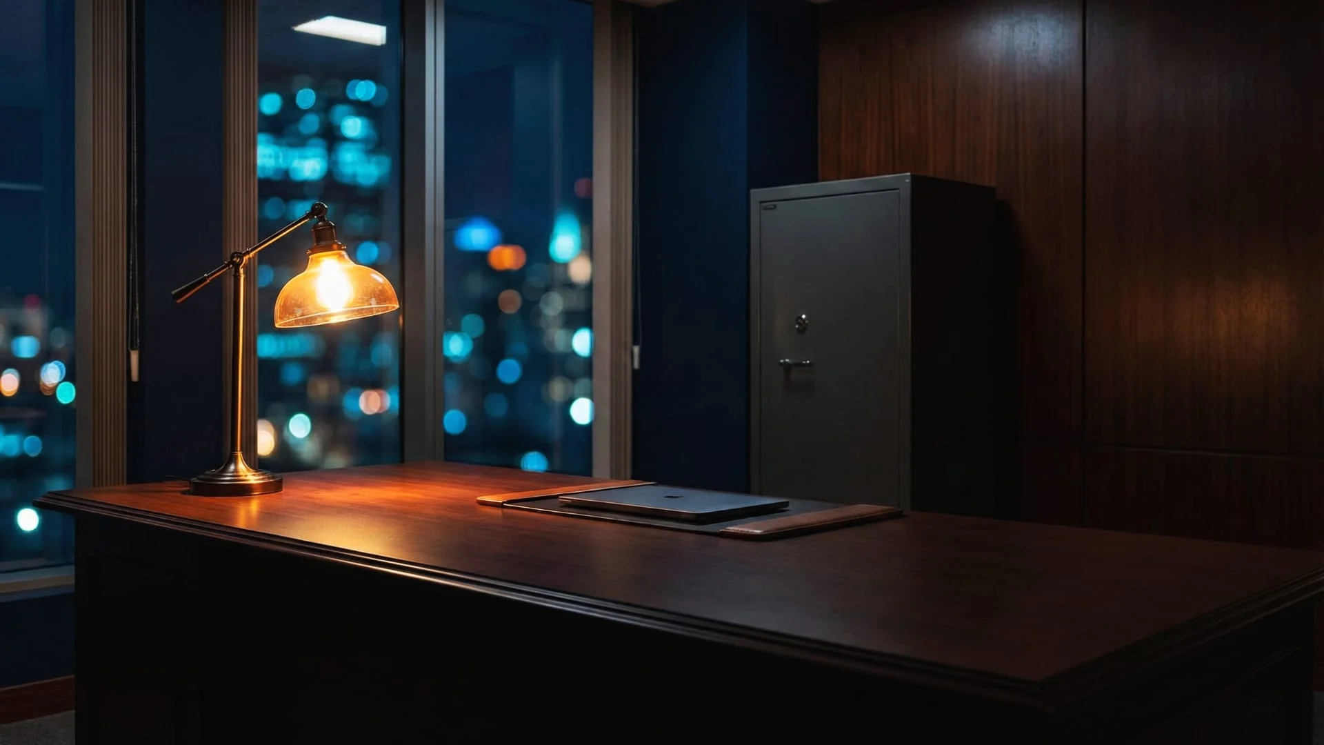 Ufficio di uno studio legale in notturna con scrivania sgombra secondo la clean desk policy e armadio di sicurezza chiuso sullo sfondo. CLN Safety
