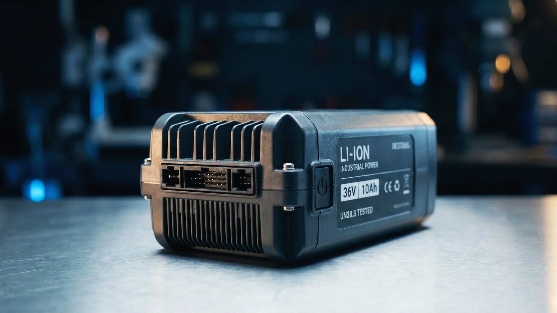 Dettaglio macro di una batteria al litio industriale ricaricabile da 36V, con focus sui connettori e la struttura per la valutazione del rischio termico. CLN Safety