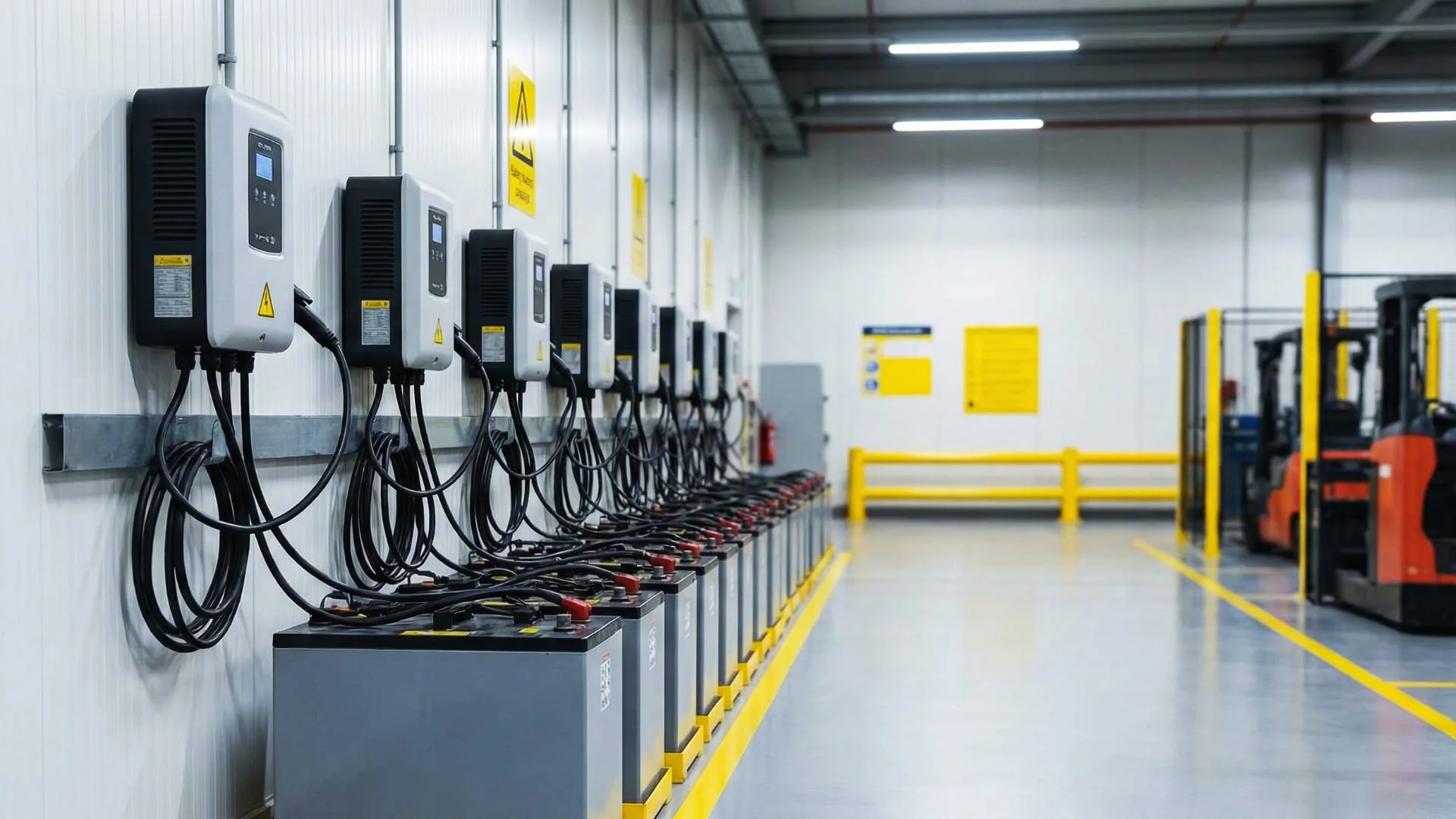 Area dedicata alla ricarica di batterie per muletti e logistica, con stazioni ordinate, distanziate e segregate per prevenire la propagazione di incendi. CLN Safety