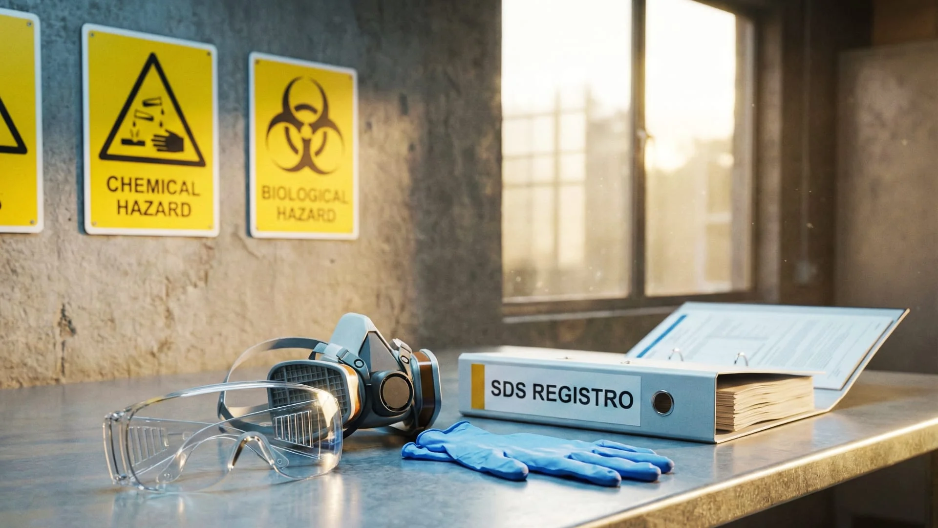Dispositivi di protezione individuale (DPI) tra cui maschera e guanti su banco da lavoro, con sfondo di segnaletica di sicurezza ISO 7010 per deposito agricolo. CLN Safety
