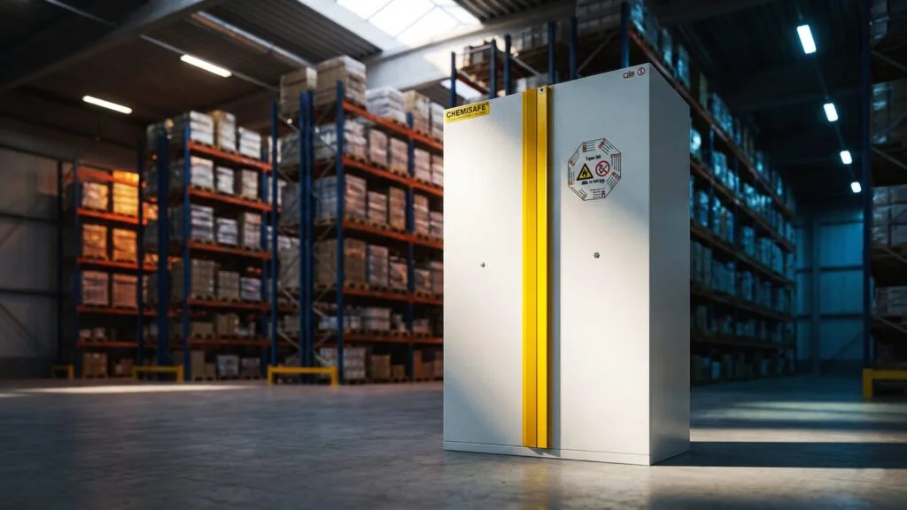 Armadio di sicurezza certificato per lo stoccaggio di batterie al litio posizionato in un magazzino industriale, conforme alle normative antincendio 2026. CLN Safety