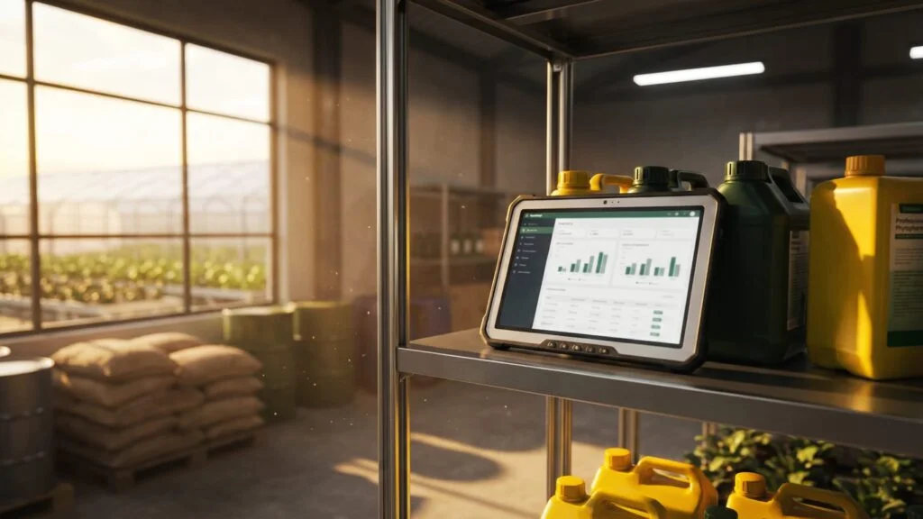 Tablet su scaffale di magazzino che mostra il quaderno di campagna digitale accanto a prodotti fitosanitari, rappresentando l'adeguamento tra stoccaggio fisico e normativa 2026. CLN Safety