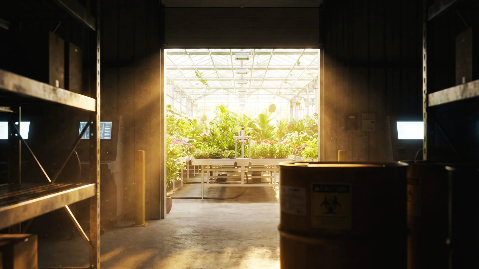 Vista dall'area di stoccaggio fitofarmaci riservata che guarda verso l'interno di una serra luminosa, illustrando la gestione sicurezza in vivai e garden center. CLN Safety