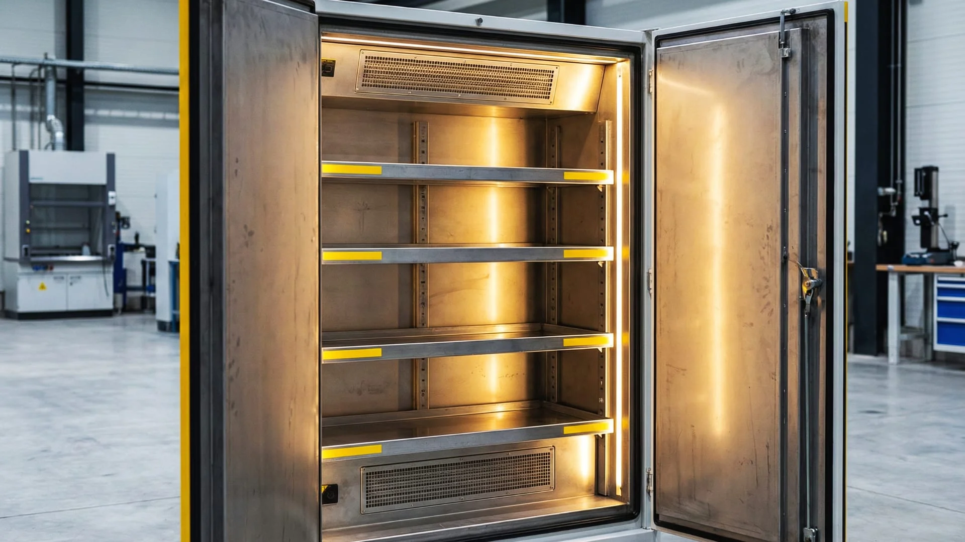 Vista interna di un armadio di sicurezza aperto, che mostra i ripiani rinforzati, le guarnizioni e le griglie di ventilazione per lo stoccaggio sicuro di materiale pericoloso. CLN Safety